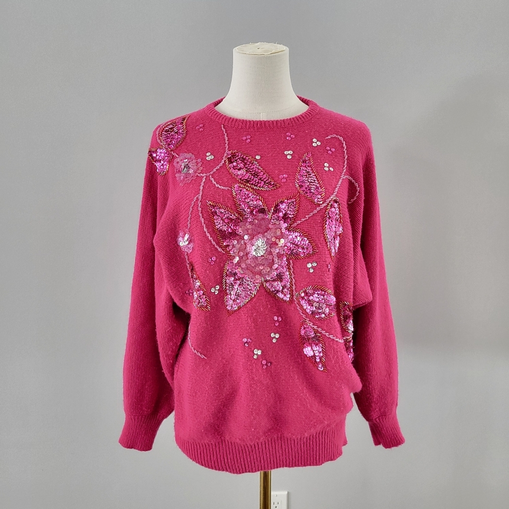 90s Pink Sequin Embellished Sweater Floral Glam Statement Knit M
